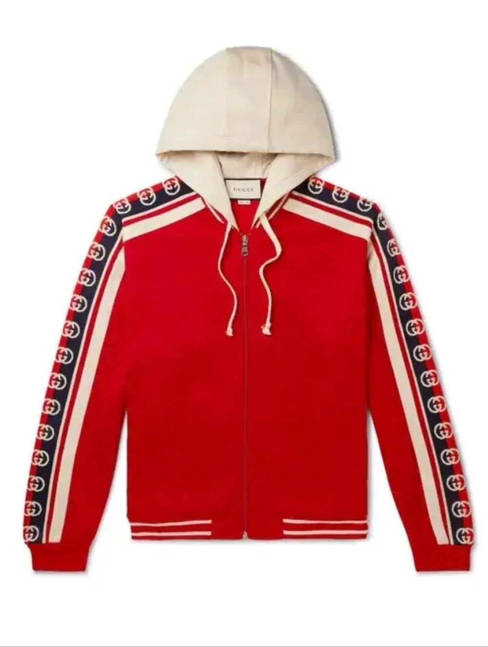Gucci Red and Cream Logo-Trim Bomber Hoodie